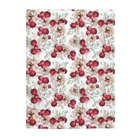 Velveteen Plush Blanket With a Red Floral Pattern