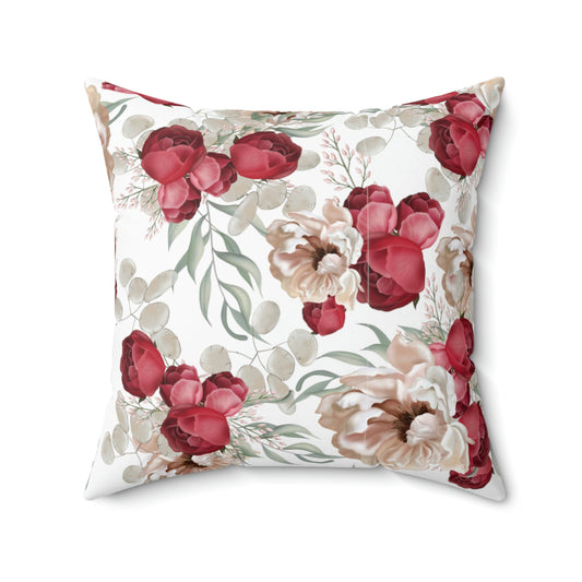 Faux Suede Square Pillow With a Red Floral Pattern