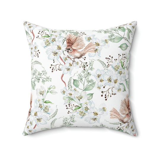 Faux Suede Square Pillow With a Floral Bird Pattern